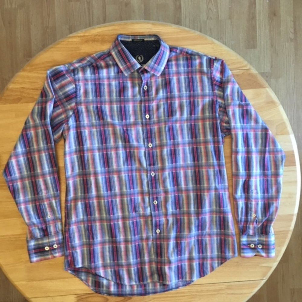 Bugatchi UOMO Men's Classic Fit Button Down Shirt Plaid Geo Design Size Med